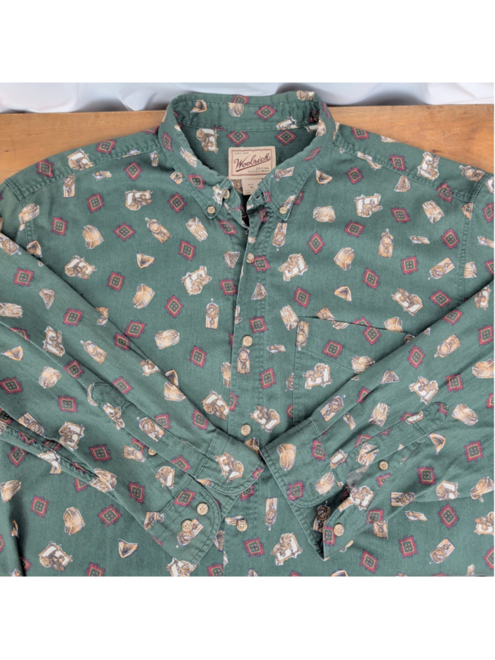 Men's Vintage Woolrich Green Cotton Pattern Button Down Shirt XL
